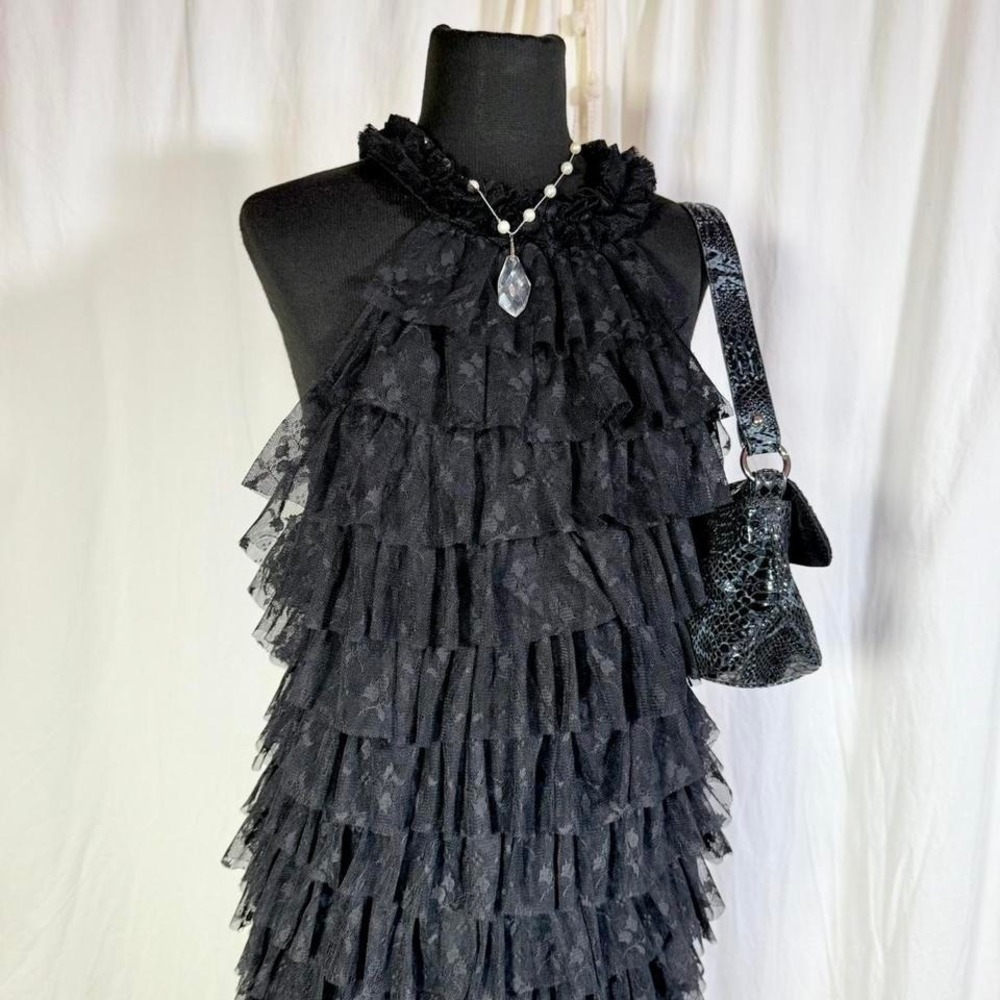 Mable Black Tiered Lace Ruffle Dress Size M